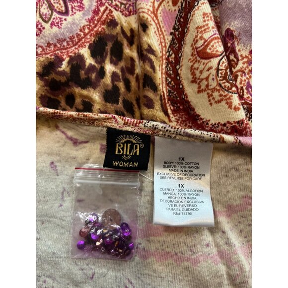 Bila Woman Top Paisley Leopard Print Sz 1X Beaded Sheer Split Sleeves Boho NWOT - Picture 6 of 7